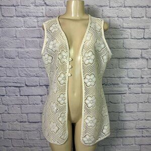 Vintage Latte Ivory Crochet Lace Vest – Size Large – Made in USA